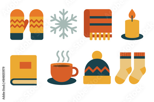 Winter Comfort Icons. Winter Comfort in geometric flat style: knitted mittens, snowflake, blanket, candle, book, cocoa cup, beanie, socks