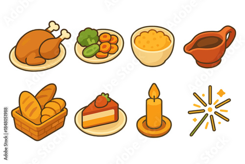 Festive Feast Icons. Festive Family Table flat icons: roast meat, vegetables, stuffing bowl, sauce dish, bread basket, dessert plate, candle, sparkle