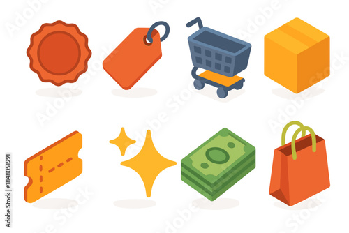 Mega Sale Icons. Mega Sale Graphics flat icons: sale badge, tag, shopping cart, box, coupon, sparkle, cash, gift bag