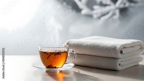 Warm Herbal Tea and Soft Towels on a Snowy Window Sill for Comfort and Relaxation