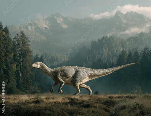 Imperobator dinosaur explores a lush prehistoric landscape with mountains and forests