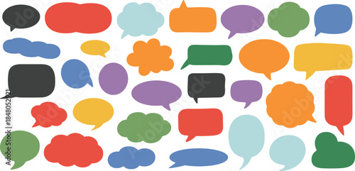 Colorful speech bubbles collection, chat message icons, communication balloons, dialogue clouds, vector illustration set for social media, comic, web design.