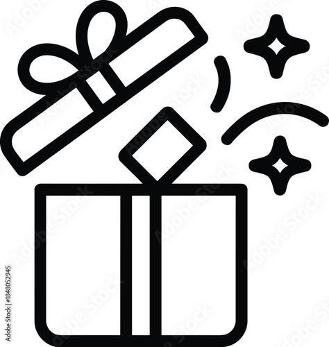 Open gift box line icon, surprise present symbol, birthday celebration, holiday giveaway, bonus reward sign, magic reveal, vector illustration.