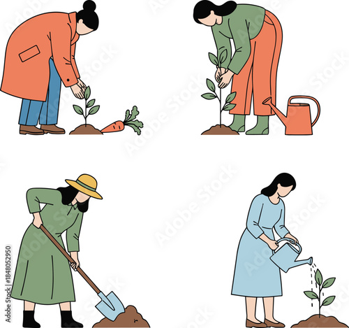 Women gardening illustration set planting watering digging soil eco lifestyle flat design people nature sustainability concept vector artwork organic garden teamwork environment growth spring