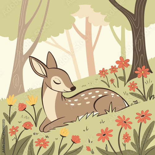Cartoon deer resting in flower field fawn forest trees