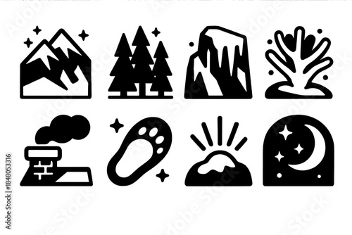 Brutalist Winter Icons. Cold-Season Vista silhouette set: snowy ridge, forest outline, icy rock, frosted shrub, warm chimney glow, snow footprint, gentle beam, night sky