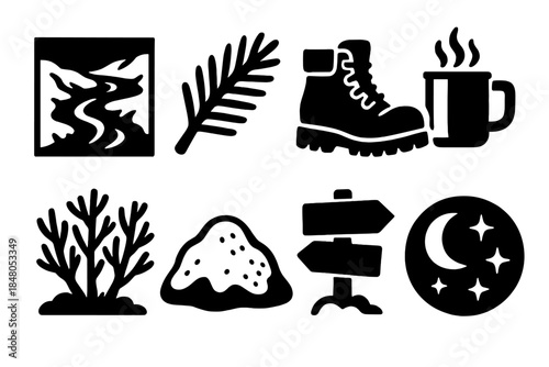 Winter Trekking Icons. American Winter Trekking silhouette set: frozen creek, cedar branch, sturdy boots, thermos cup, frosted shrub, snow mound, trail sign, night sky