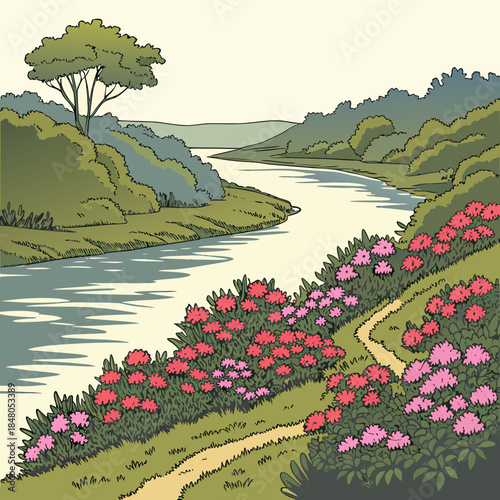 Winding river with pink flowers on green hillside and trees