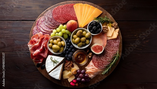 a top down view of a charcuterie board filled with various cheeses meats fruits and olives on a dark wooden table