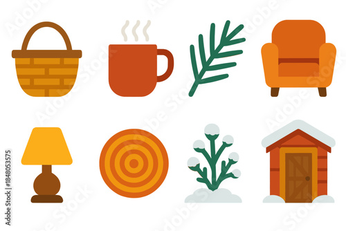 Cozy Cabin Icons. Snowy Cabin Lifestyle modern flat vector icons: rustic basket, steaming cocoa mug, pine branch, comfy chair, soft glow lamp, woven mat, frosted shrub, cabin