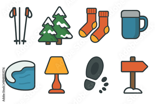 Winter Adventure Icons. Northern Winter Activities modern flat vector icons: ski poles, snow-dusted trees, wool socks, thermos cup, frozen pond edge, soft lamp, snow footprint,