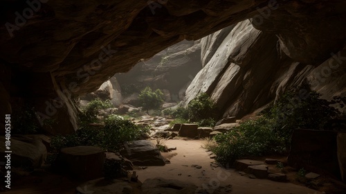 Sunlight Streams Into a Rocky Cave Entrance Revealing a Lush Green Oasis.