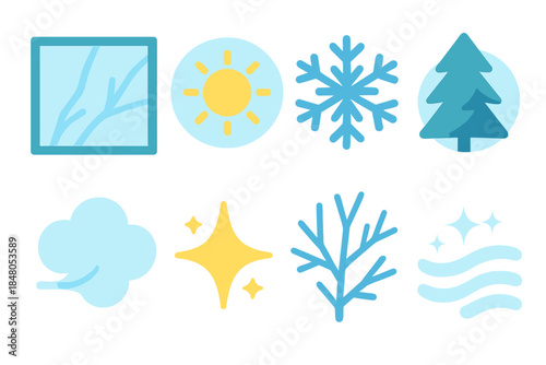 Icy Morning Icons. Icy Morning Glass modern flat vector icons: frosty pane, sunlight glow, snowflake, pine tree reflection, breath cloud, sparkle, frost veins, mist