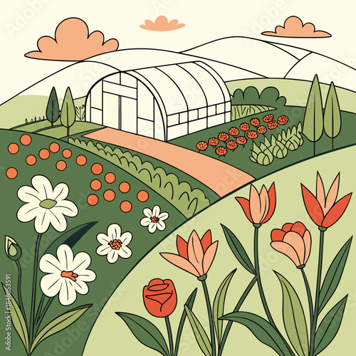 Greenhouse surrounded by vibrant flowers and rolling hills