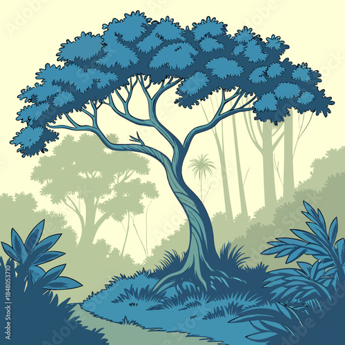 Canvas Print Blue tree in forest with green foliage