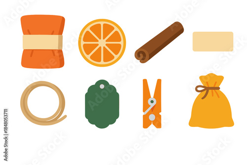 Cozy Seasonal Icons. Cozy Seasonal Wraps modern flat vector icons: fabric wrap, dried orange slice, cinnamon stick, paper band, jute string, decorative label, mini clothespin, soft