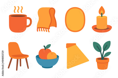 Cozy Icon Set. Cozy Lifestyle Captures modern flat vector icons: warm drink mug, knit throw, plush rug, table candle, chair silhouette, fruit plate, soft light beam, plant pot