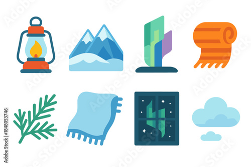 Aurora Watching Icons. Winter Aurora Watching modern flat vector icons: camp lantern, snowy ridge, sky beam, warm scarf roll, pine branch, soft rug, night window, gentle cloud