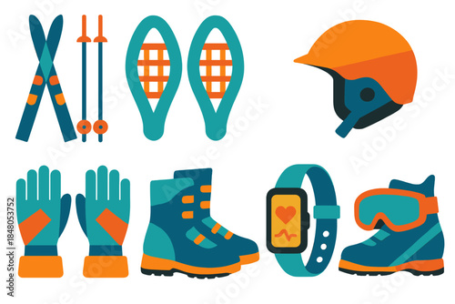 Winter Sports Icons. Winter Sports Training in geometric flat style: cross-country skis, poles, snowshoes, helmet, goggles, insulated gloves, boots, fitness tracker