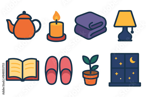Cozy Evening Icons. Evening Wind-Down Joys modern flat vector icons: tea kettle, glowing candle, soft blanket, dim lamp, storybook, warm slippers, small plant pot, starry night