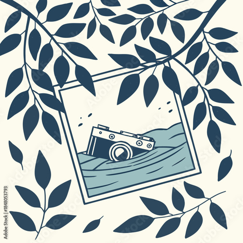 Polaroid camera in water with leaf branches leaves