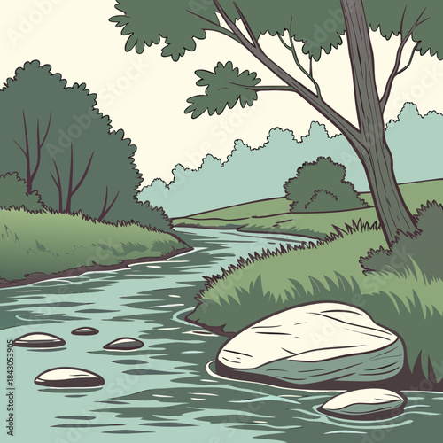 Serene landscape with river and tree rocks stream grass