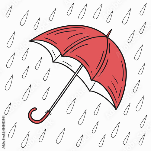 Red umbrella in the rain raindrops cartoon