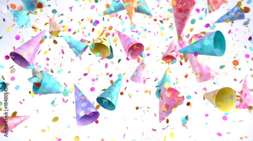 Festive Celebration Party Hats  Confetti Rain on Bright White Backdrop.