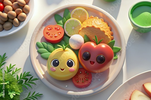 Colorful cartoon vegetables and fruits on a plate with smiling faces