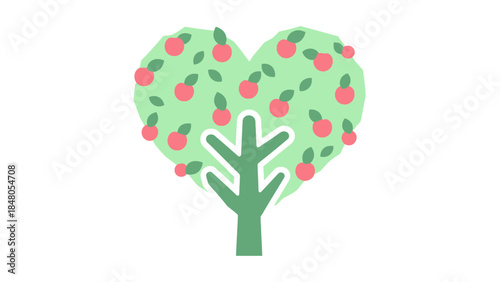 Stylized apple tree with a heart-shaped leafy canopy and ripe fruit illustration