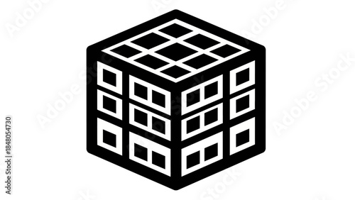 Stylized black and white cube illustration featuring geometric patterns and a three-dimensional
