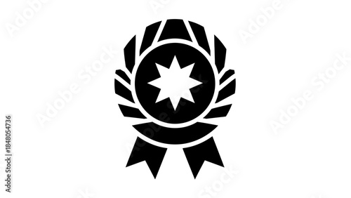 Stylized black and white badge emblem featuring a star encased in a circular design with ribbon