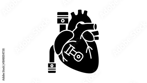Stylized black and white anatomical heart illustration emphasizing engineering and biological themes