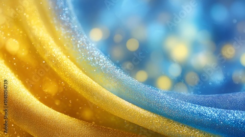Gold  Blue Shimmer Draped Fabric with Bokeh Dreamy Backdrop.