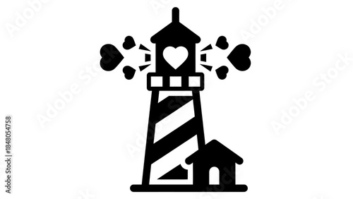 Stylized black and white lighthouse illustration adorned with hearts and abstract shapes capturing