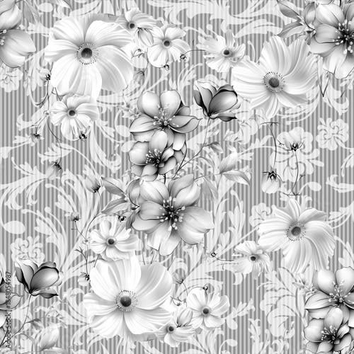 White rose pattern with a printed background on fabric black and white
