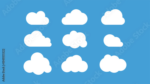 A diverse collection of flat style white cloud icons. Vector graphic elements set isolated on a blue sky background for weather or design concepts.