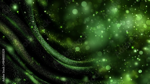 Emerald Dreams Flowing green swirls with bokeh lights for magical backgrounds.