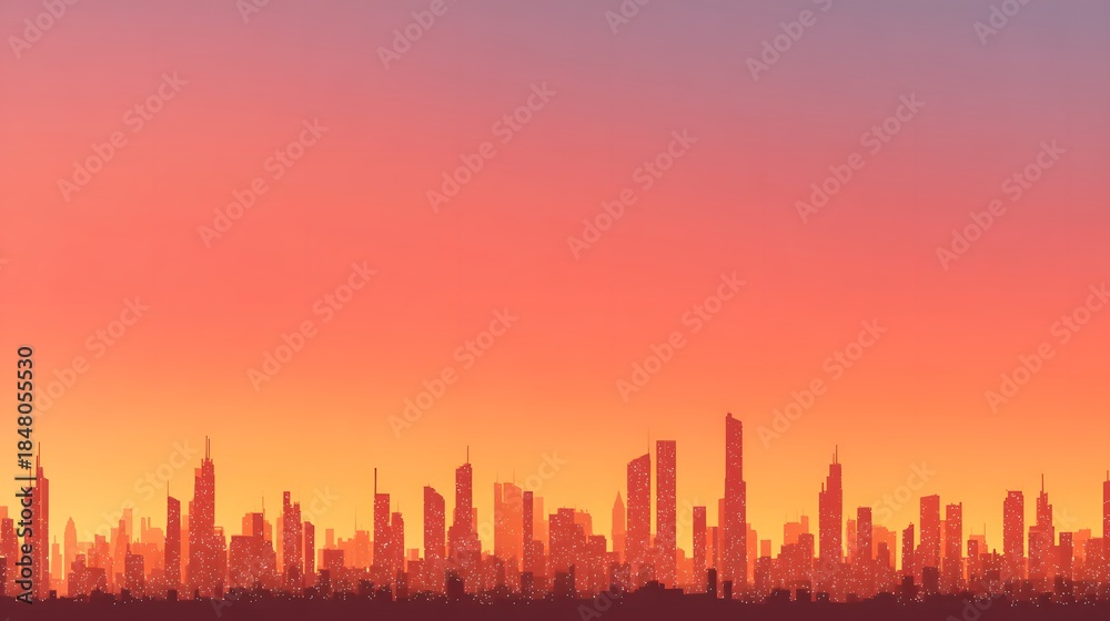 Fototapeta premium Vibrant Sunset Over a Stylized Cityscape Silhouette.