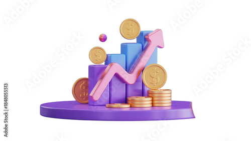 Financial growth concept with rising graph and gold coins on purple platform