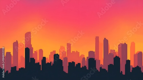 Vibrant Sunset Over a Stylized City Skyline Silhouette.