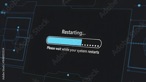 Obraz na płótnie Restarting screen with loading progress bar on black background, computer reboot process, digital system restart, technology update, and software installation concept