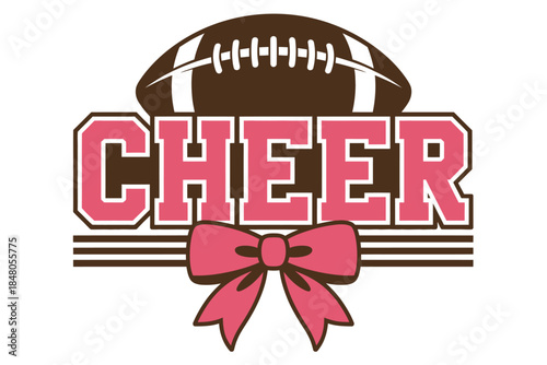 Cheer text with football and pink bow, bold pink “CHEER” text in varsity style, football above, large bow below, representing cheerleading, school spirit, team pride