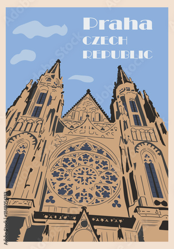 Stylized vector illustration of a Gothic cathedral in Prague with Praha, Czech Republic text. Concept of travel destination, historical architecture and European cultural heritage