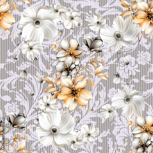 White rose pattern with a printed background on fabric