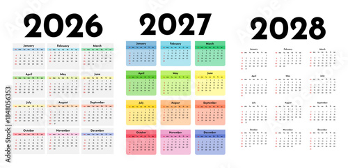 Set of calendars for 2026, 2027 and 2028 on a white background