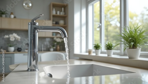 Modern home interior showing water-saving habits, closed tap with water droplets, clean sink area, natural light, eco-friendly lifestyle concept, photorealistic, no people
