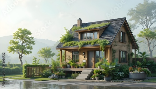 Eco-friendly home concept with rainwater collection and efficient water use, simple residential setting, green sustainability theme, realistic style, clean composition
