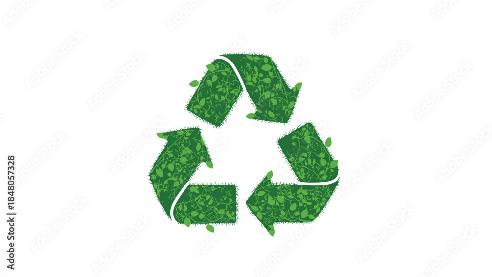 Obraz premium Eco friendly recycling symbol composed of lush green leaves and foliage represents environmental sustainability and a circular economy.
