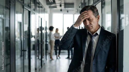 Tired Businessman Leaning on Office Wall Having Migraine After Meeting